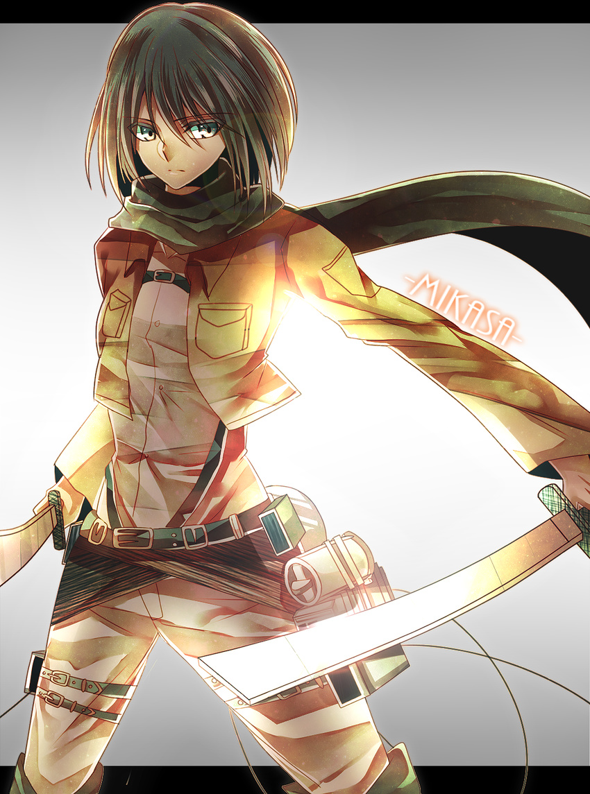 black_eyes black_hair dual_wielding highres holding jacket mikasa_ackerman paradis_military_uniform scarf seki_(geppuku_shokudou) shingeki_no_kyojin short_hair solo sword thigh_strap three-dimensional_maneuver_gear weapon