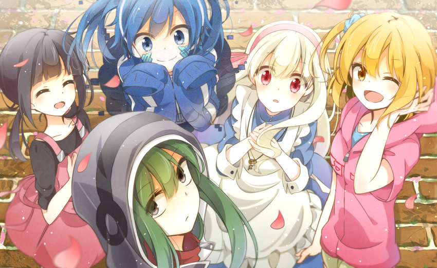 apron asahina_hiyori black_hair blonde_hair blue_eyes blue_hair brown_eyes closed_eyes dress ene_(kagerou_project) green_hair happy hood hoodie jewelry kagerou_project key kido_tsubomi kisaragi_momo kozakura_marry long_hair multiple_girls necklace one_eye_closed petals red_eyes rirako side_ponytail smile twintails