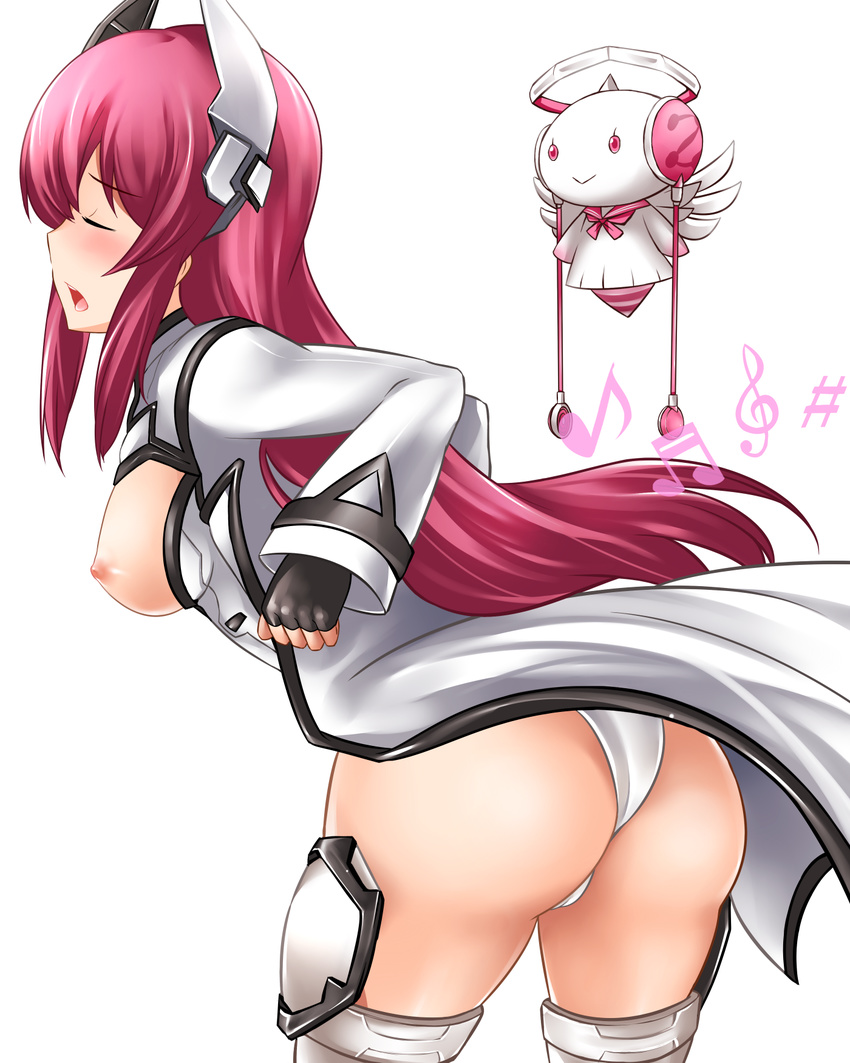 ass beamed_sixteenth_notes blush breasts breath closed_eyes cowboy_shot eighth_note fingerless_gloves from_behind gloves hair_ornament highres large_breasts long_hair mag_(phantasy_star) musical_note nipples open_clothes open_mouth phantasy_star phantasy_star_online_2 pink_hair robot sharp_sign solo thighhighs treble_clef valgiris yoshimo