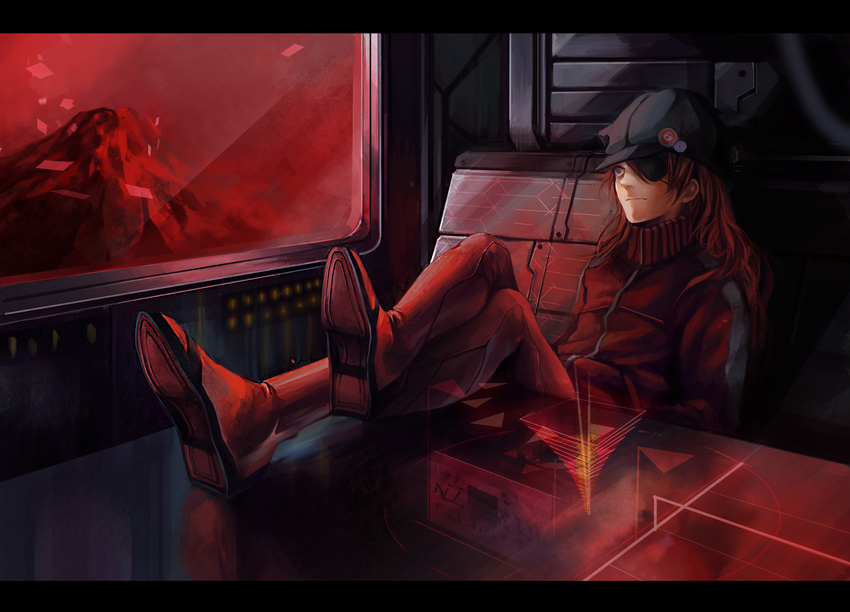 animal_hat bad_id bad_pixiv_id blue_eyes cat_hat cp_.ieng crossed_legs evangelion:_3.0_you_can_(not)_redo eyepatch hat highres long_hair neon_genesis_evangelion orange_hair plugsuit rebuild_of_evangelion shikinami_asuka_langley sitting solo souryuu_asuka_langley sweater