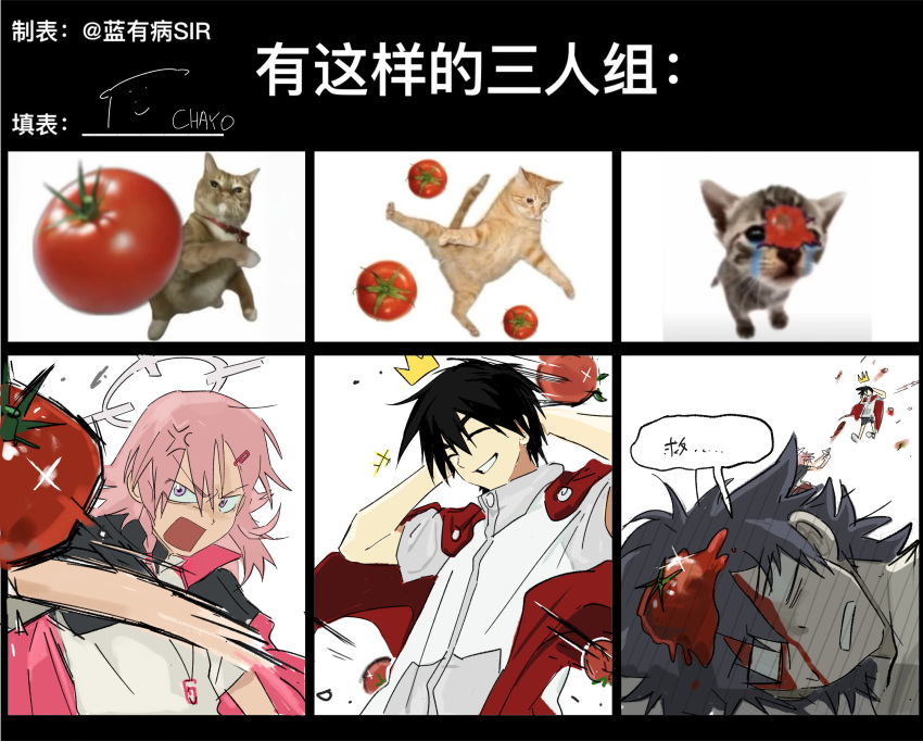 1girl 2boys absurdres angry arms_behind_head babyintheroom bai_zhong_(false_memory) black_cape black_hair blank_eyes cape chart closed_eyes colored_skin commentary crown false_memory gold_crown grey_shirt grey_skin guan_chao_(false_memory) halo high_collar highres male_focus mini_crown multiple_boys pink_eyes pink_hair protagonist_halo red_cape reference_inset shirt short_sleeves simple_background smile sweat tear_troughs tomato translated untranslatable_commentary white_background white_shirt
