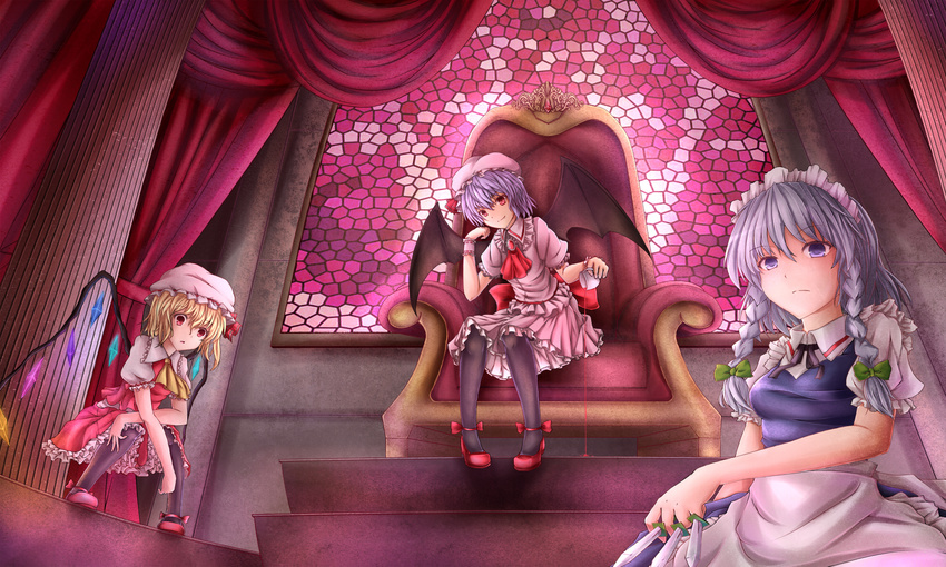 apron armchair ascot bat_wings black_legwear blonde_hair blood bow braid chair commentary_request cup flandre_scarlet from_below hair_bow hair_ribbon hat highres holding izayoi_sakuya kaiyi looking_at_viewer looking_down maid maid_apron maid_headdress mary_janes mob_cap multiple_girls pantyhose purple_eyes purple_hair red_eyes remilia_scarlet ribbon shoes short_hair side_ponytail silver_hair sitting smile squatting teacup touhou twin_braids wings