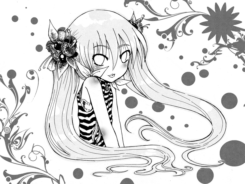 :p bare_shoulders blush cupudotexe flower greyscale hair_flower hair_ornament kodomo_no_jikan kokonoe_rin long_hair looking_at_viewer monochrome smile solo striped tongue tongue_out twintails