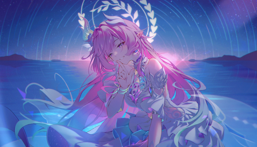 1girl bare_shoulders breasts commentary_request cropped cyrene_(demiurge)_(honkai:_star_rail) cyrene_(honkai:_star_rail) dress finger_to_mouth hair_intakes halo halo_behind_head highres holz honkai:_star_rail honkai_(series) index_finger_raised large_breasts looking_at_viewer parted_lips pink_hair pointy_ears purple_eyes revision shushing sidelocks smile solo white_dress