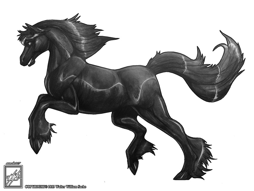 alpha_channel ambiguous_gender black black_background black_eyes black_fur black_hair black_theme equine feral fur greyscale hair hi_res hooves horse looking_at_viewer mammal monochrome muscles nobackground nude plain_background running shiny side_view smile solo standing transparent_background walter_sache