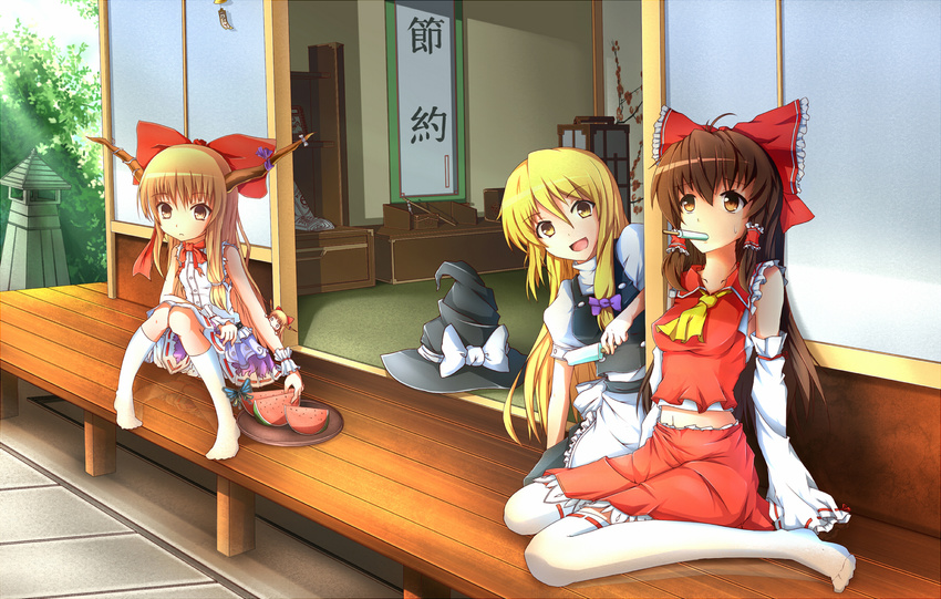 apron ascot biting blonde_hair bow braid brown_eyes brown_hair detached_sleeves dress food hair_bow hair_tubes hakurei_reimu hakurei_shrine hat hat_bow hat_removed headwear_removed highres horn_ribbon horns ibuki_suika kaiyi kirisame_marisa kneehighs knees_together_feet_apart long_hair long_sleeves midriff minigirl mouth_hold multiple_girls navel open_clothes open_dress open_mouth popsicle puffy_sleeves reflection reflective_floor ribbon shirt short_sleeves sign single_braid sitting skirt skirt_set sleeveless sleeveless_shirt smile summer sweat thighhighs touhou veranda very_long_hair waist_apron wariza white_legwear wide_sleeves witch_hat yellow_eyes zettai_ryouiki