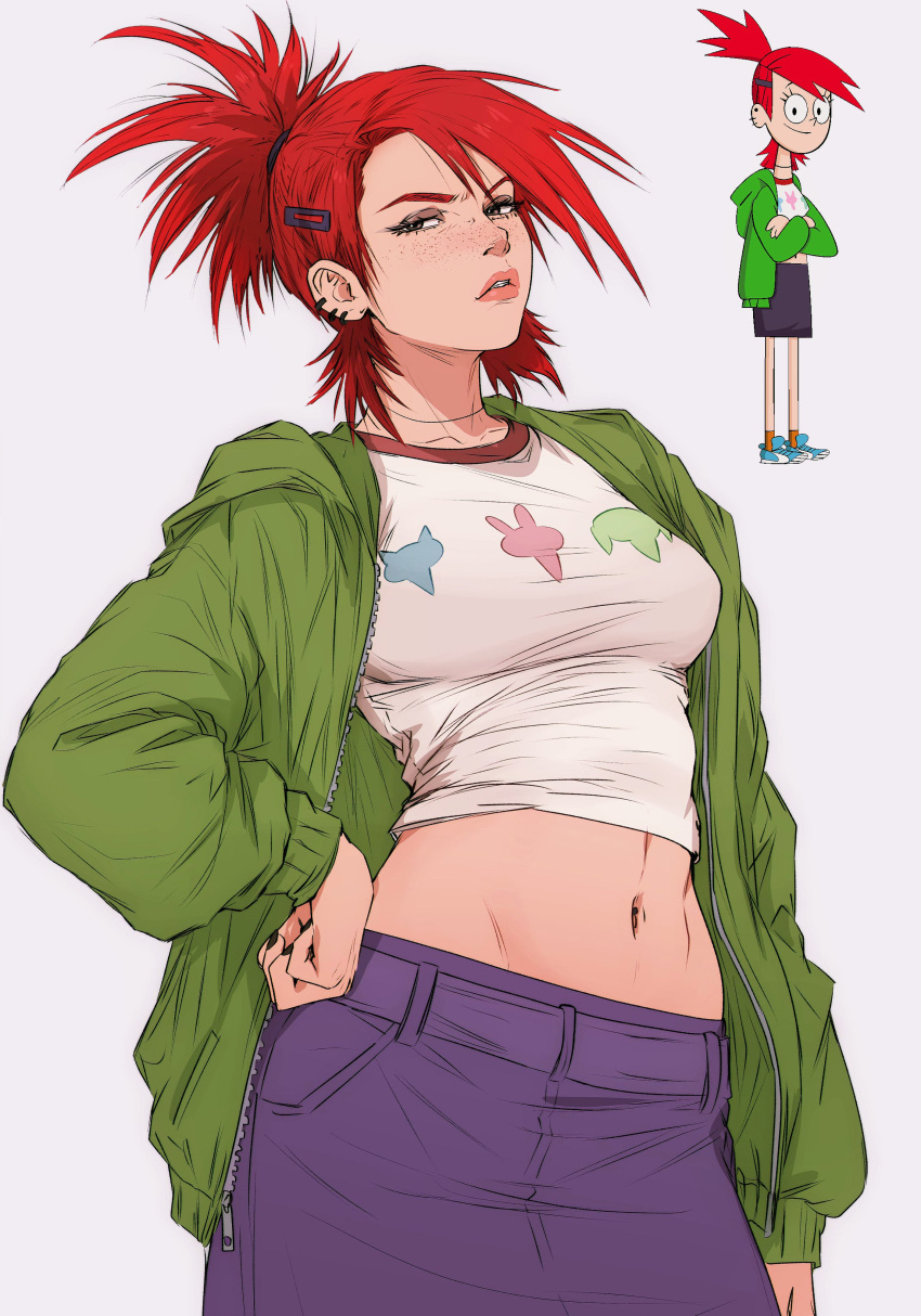 1girl absurdres black_nails breasts choker commentary crop_top ear_piercing earrings english_commentary foster's_home_for_imaginary_friends frankie_foster freckles green_hoodie green_jacket hair_ornament hairclip hand_on_own_hip highres hood hoodie jacket jewelry large_breasts looking_at_viewer navel piercing ponytail powerpuff_girls red_hair reference_inset scowl skirt yoracrab