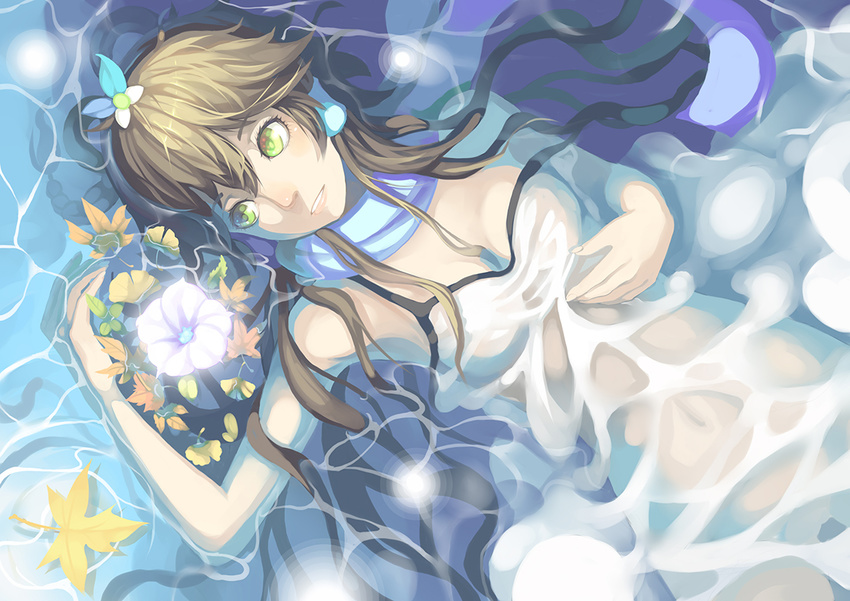 afloat_leaves autumn_leaves bare_arms bare_shoulders blue_scarf breasts brown_hair caustics cowboy_shot dress flower from_above ginkgo_leaf green_eyes hair_flower hair_ornament hair_tubes leaf light_particles light_smile long_hair looking_away luo_tianyi madyy maple_leaf medium_breasts morning_glory navel parted_lips partially_submerged scarf see-through sidelocks sideways_glance sleeveless sleeveless_dress smile solo spaghetti_strap strap_slip vocaloid vocanese water wet wet_clothes wet_dress white_dress