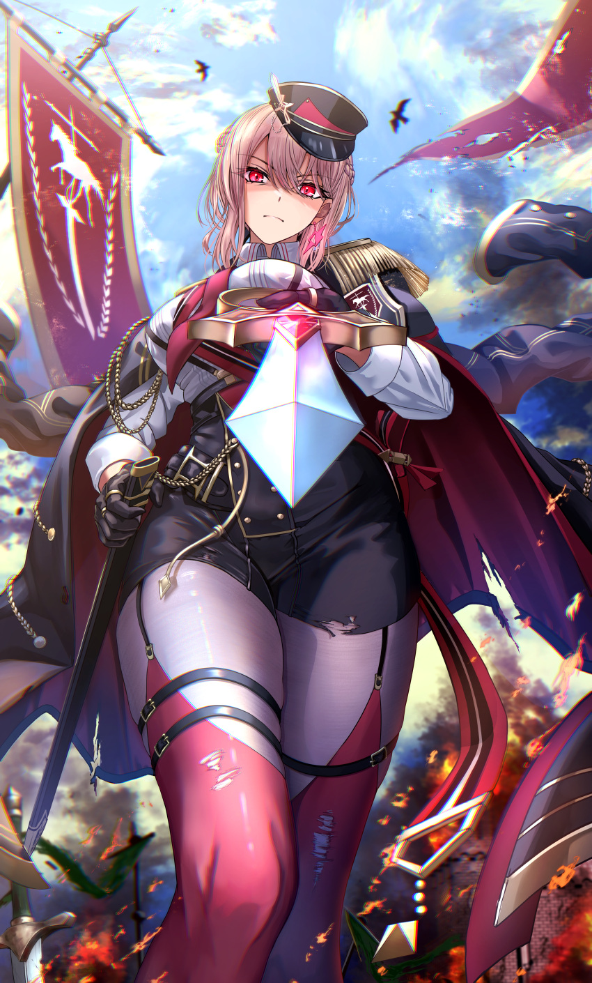 1girl absurdres aiguillette banner battle_standard bird black_gloves black_hat black_jacket black_pants blue_sky braid breasts brown_hair building burning closed_mouth cloud cloudy_sky collared_shirt commentary_request day earrings epaulettes fire flag from_below furen_e_lustario furen_e_lustario_(9th_costume) garter_straps glaring gloves harukey hat high-waist_pants highres holding holding_sheath jacket jacket_on_shoulders jewelry large_breasts long_sleeves looking_at_viewer looking_down medium_breasts military_hat military_uniform necktie nijisanji outdoors pants pantyhose pointing_melee_weapon pointing_sword red_necktie red_sash red_thighhighs sash sheath shirt shoulder_sash single_earring skindentation sky smoke solo thigh_strap thighhighs torn_clothes torn_jacket torn_pants torn_thighhighs two-sided_fabric two-sided_jacket unsheathed virtual_youtuber war_banner war_flag white_shirt