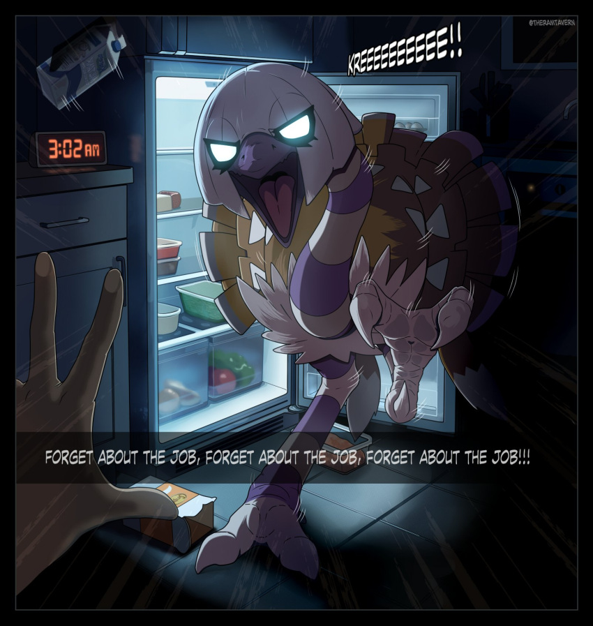 artist_name beak bird black_border blank_eyes border commentary drink_carton english_commentary english_text espathra glowing glowing_eyes highres indoors looking_at_viewer milk_carton night open_mouth outside_border pokemon pokemon_(creature) pov ram_tavern refrigerator solo sound_effects talons
