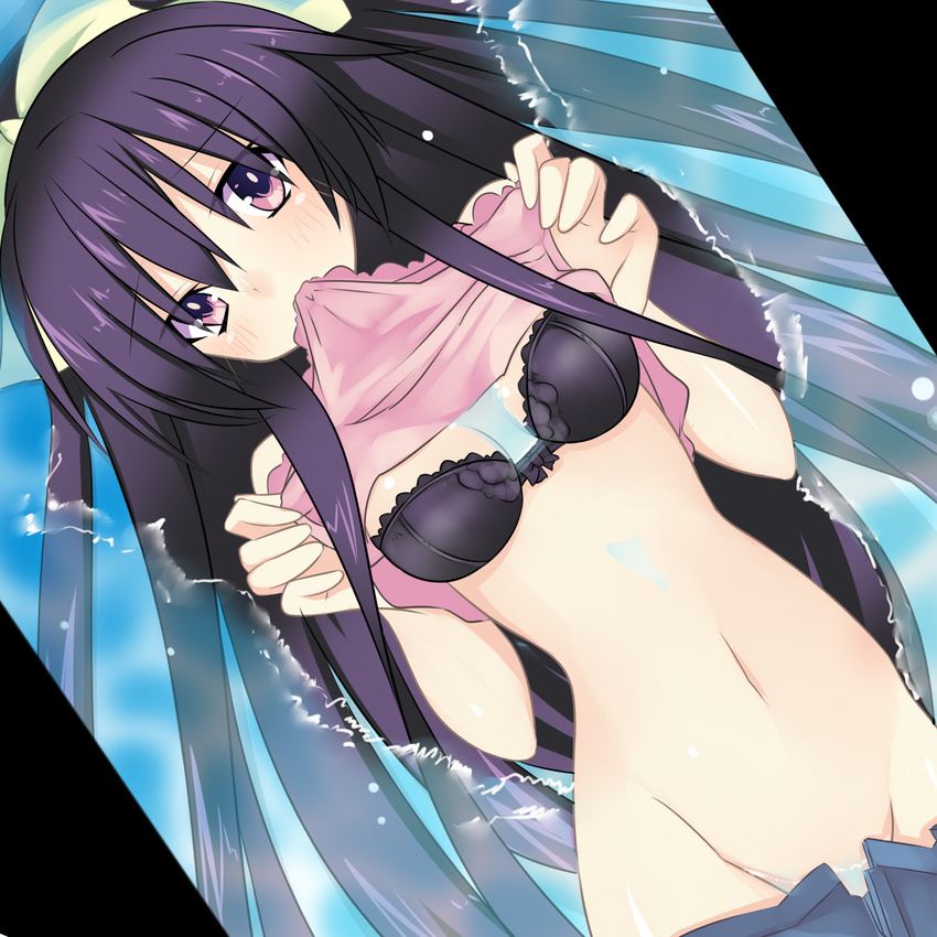 date_a_live highres long_hair meimu_(infinity) mouth_hold navel no_panties partially_submerged purple_eyes purple_hair shirt_lift skirt skirt_pull solo water yatogami_tooka