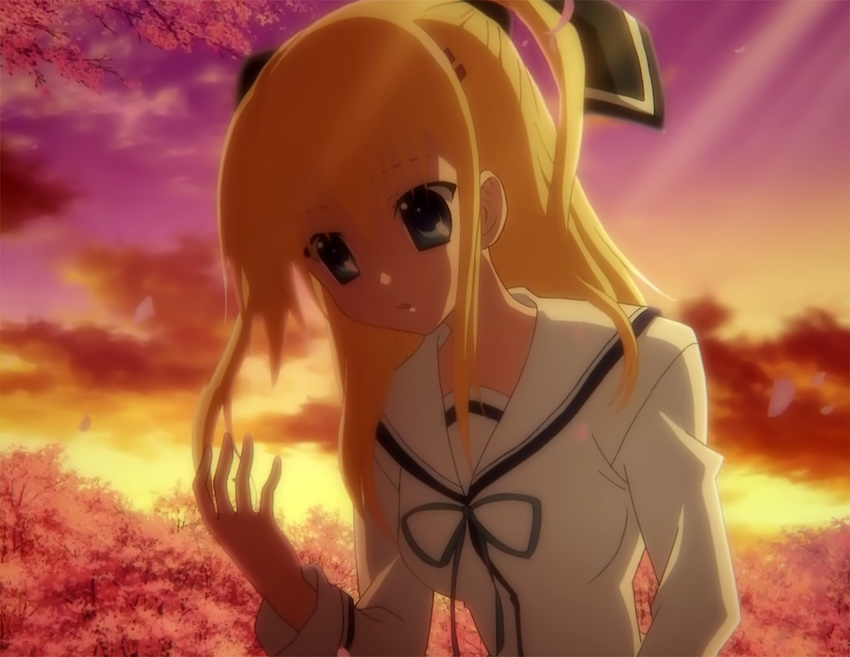 blonde_hair blue_eyes cherry_blossoms da_capo da_capo_iii hands morizono_rikka school_uniform screencap solo sunset tree twintails