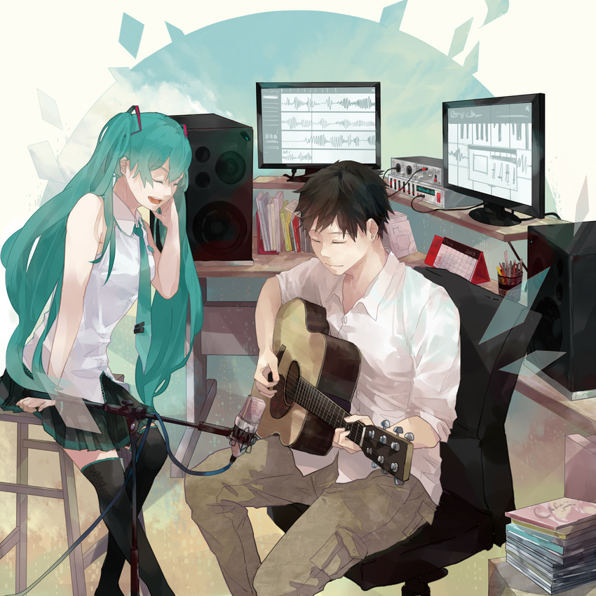 1girl ayakii black_hair chair closed_eyes green_hair guitar hatsune_miku highres instrument long_hair master_(vocaloid) microphone microphone_stand monitor music necktie open_mouth singing sitting skirt speaker stool thighhighs twintails very_long_hair vocaloid