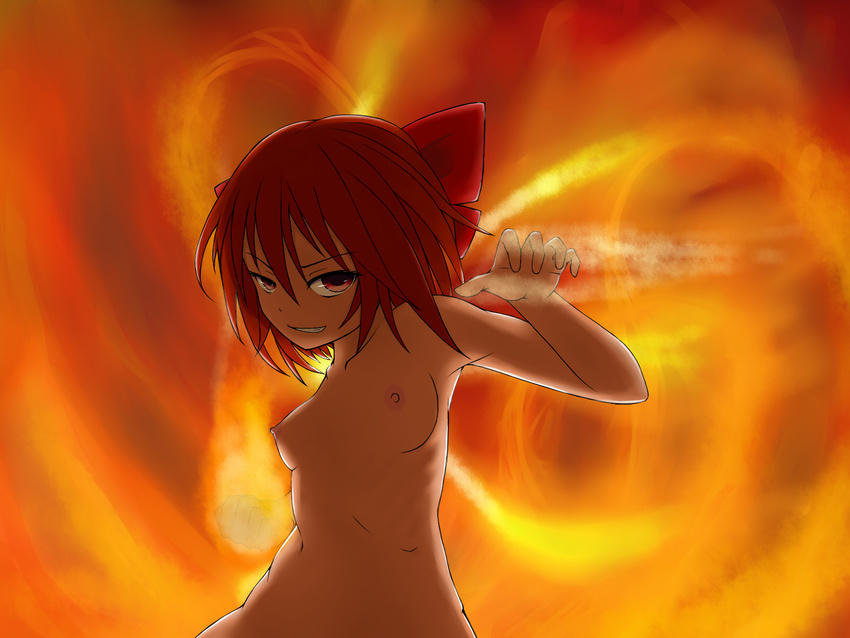 1girl 4:3 achi_cirno alternate_color alternate_element bow breasts cirno female fire grin hair_bow highres looking_at_viewer nude papino red_eyes red_hair sarashi short_hair smile solo touhou