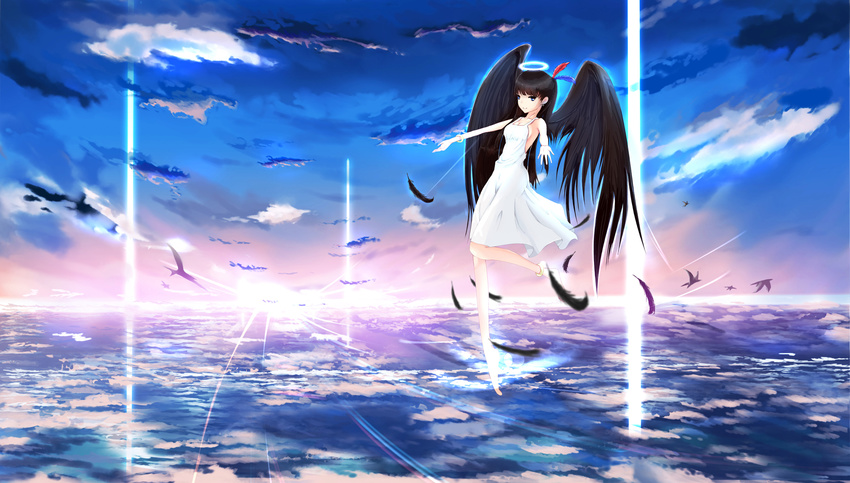 angel bad_id bad_pixiv_id bird cloud dress feathers hair_feathers halo highres horizon kikivi original outstretched_arms scenery sky wings