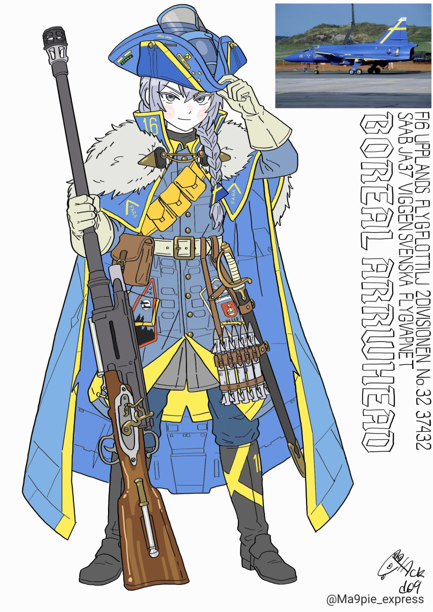 1girl adjusting_clothes adjusting_headwear air-to-air_missile antique_firearm artist_name autocannon belt belt_pouch black_boots blackd09 blue_cape blue_cloak blue_coat blue_pants boots braid cannon canopy_(aircraft) cape cloak closed_mouth coat firelock flintlock full_body fur-trimmed_cape fur_trim gloves grey_eyes grey_hair gun hat highres holding holding_gun_barrel holding_weapon humanization long_hair missile musket muzzle_device original pants personification photo-referenced pirate_hat pouch reference_inset saab_viggen sheath sheathed side_braid simple_background single_braid solo standing sword tricorne weapon white_background white_gloves
