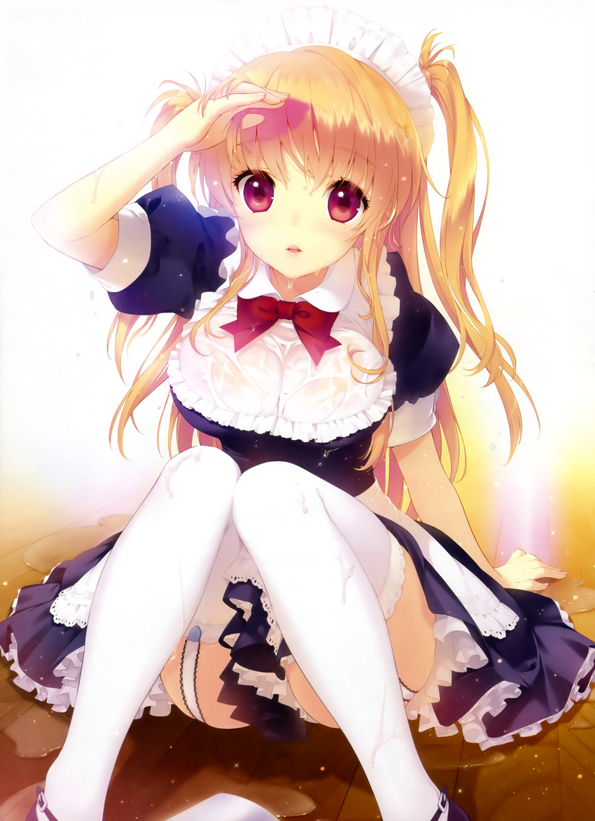 absurdres arm_up asymmetrical_hair blonde_hair bow bowtie breasts cleavage copyright_request garter_straps highres lace lace-trimmed_thighhighs large_breasts lips long_hair maid parted_lips puffy_sleeves red_eyes scan see-through shirahane_nao solo spill thighhighs two_side_up water wet wet_clothes wet_hair white_legwear