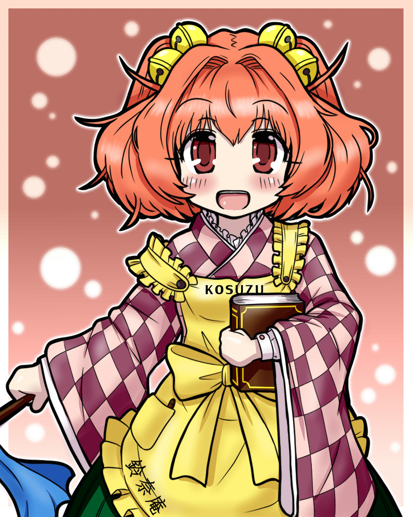 bell blush clothes_writing eruru_(erl) hair_bell hair_ornament highres jingle_bell looking_at_viewer motoori_kosuzu open_mouth orange_hair short_hair smile solo touhou