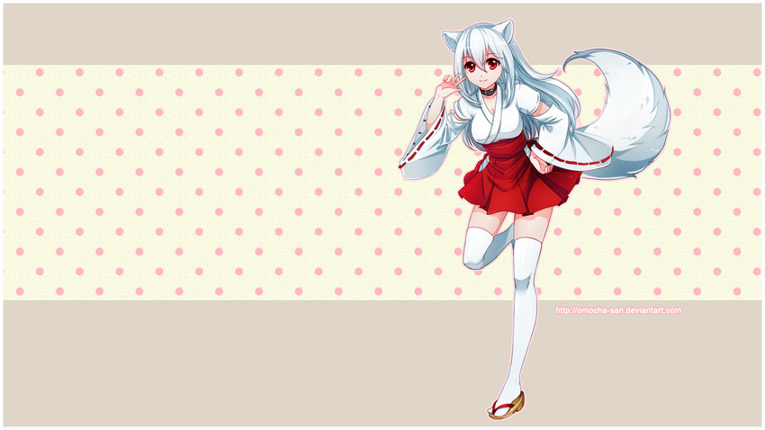 animal_ears breasts cleavage fox_ears fox_tail hakama_skirt highres japanese_clothes kisumi long_hair md5_mismatch medium_breasts miko omocha-san original red_eyes ribbon-trimmed_sleeves ribbon_trim skirt solo standing standing_on_one_leg stitched tail thighhighs third-party_edit v wallpaper white_hair