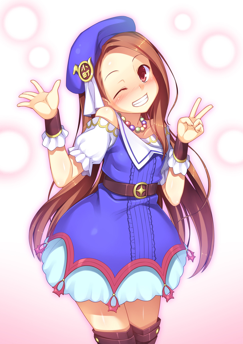 bare_shoulders belt blush brown_eyes brown_hair dress grin hat head_tilt highres idolmaster idolmaster_(classic) jewelry long_hair looking_at_viewer minase_iori necklace one_eye_closed palace_of_dragon_(idolmaster) racer_(magnet) smile solo thighhighs v wrist_cuffs zettai_ryouiki