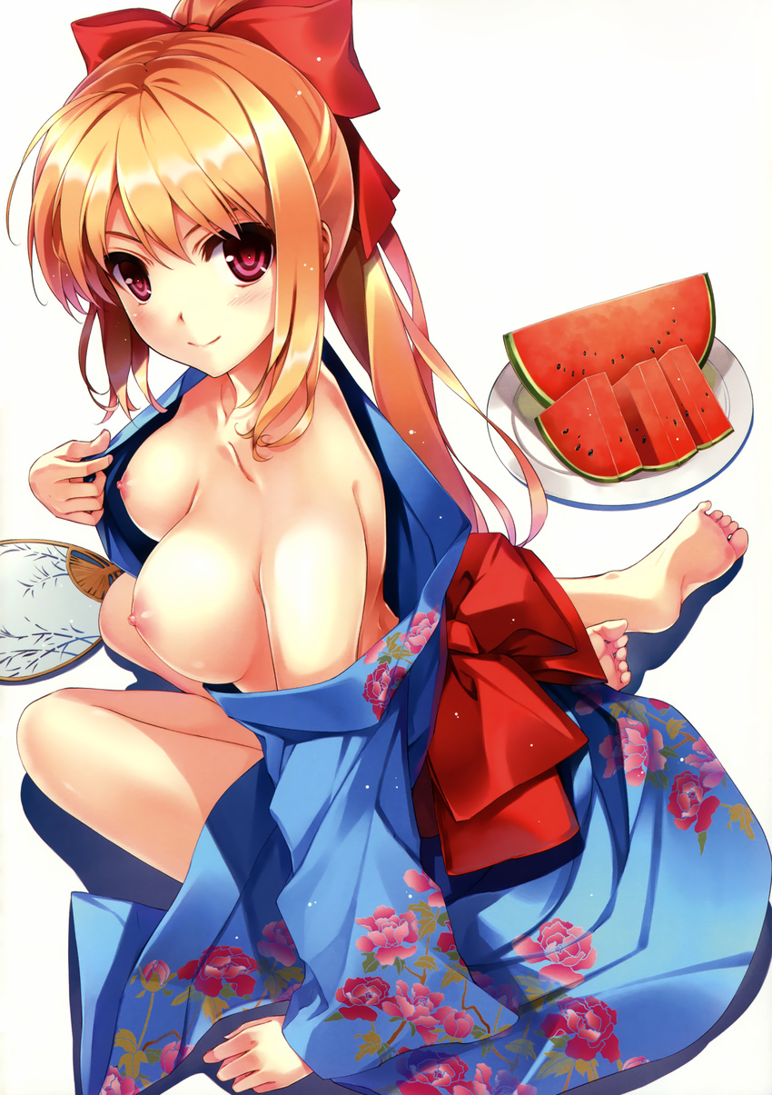 absurdres barefoot blonde_hair blush bow breasts character_request comic_aun detexted fan feet floral_print food fruit hair_bow highres japanese_clothes kimono kimono_pull large_breasts long_hair looking_at_viewer misaki_kurehito mizuhara_erika nipples open_clothes paper_fan plate ponytail purple_eyes simple_background sitting smile solo third-party_edit uchiwa watermelon white_background yokozuwari