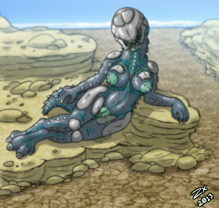 3_toes achzal alien anthro breasts desert dream exoskeleton eyeless female graboid invalid_color invalid_tag lying mandibles nightmare nipples nude pussy pussy_juice rocks scary screecher shrieker solo spines tan tremors wet zevex