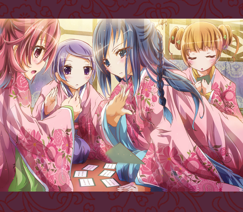 aida_mana blue_eyes blue_hair blush braid brown_hair closed_eyes dokidoki!_precure double_bun highres hishikawa_rikka inoshishi_(ikatomo) japanese_clothes kenzaki_makoto lavender_hair letterboxed long_hair multiple_girls pink_eyes pink_hair precure purple_eyes short_hair side_braid yotsuba_alice