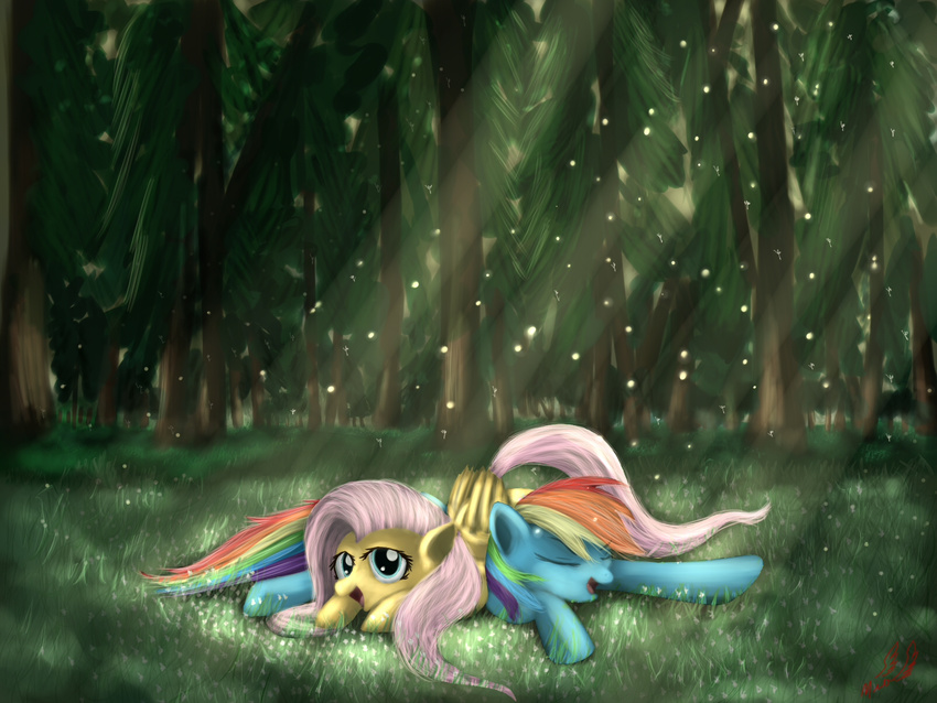 duo equine female feral fluttershy_(mlp) forest friendship_is_magic fur grass hair horse long_hair looking_at_viewer lying mammal miokomata multi-colored_hair my_little_pony open_mouth outside pegasus pink_hair pony rainbow_dash_(mlp) rainbow_hair rainbow_tail smile sparkles tongue tree wings yellow_fur