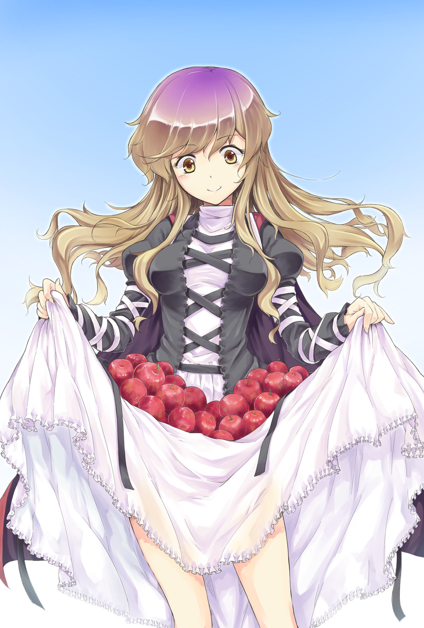 apple bad_id bad_pixiv_id bare_legs blush breasts brown_eyes brown_hair dress food frilled_dress frills fruit gradient_hair highres hijiri_byakuren long_hair medium_breasts moss_(sphere211) multicolored_hair purple_hair skirt skirt_basket skirt_lift smile solo touhou yellow_eyes