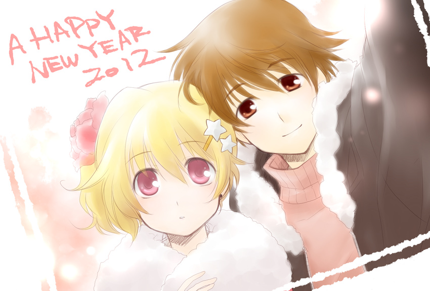 1girl 2012 aino_yumeri blonde_hair brown_hair copyright_request couple happy_new_year highres looking_at_viewer new_year short_hair smile