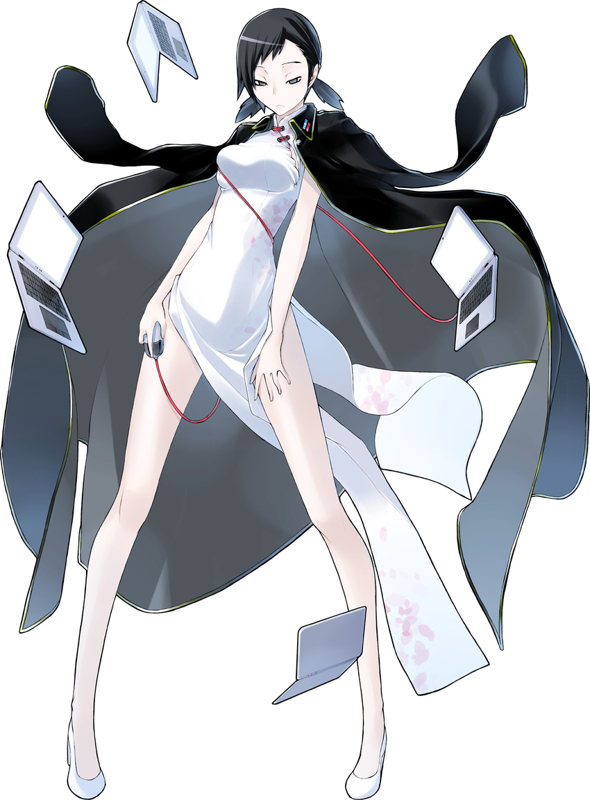 bare_legs black_eyes black_hair china_dress chinese_clothes coat computer devil_survivor_2 dress expressionless frown full_body grey_eyes highres jacket_on_shoulders kanno_fumi laptop megami_ibunroku_devil_survivor mouse_(computer) official_art shin_megami_tensei shoes short_hair short_twintails skindentation solo twintails white_background yasuda_suzuhito