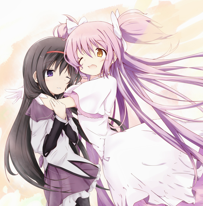 akemi_homura akisaka_yamoka black_hair bow capelet dress gloves hair_bow hair_ribbon highres hug kaname_madoka long_hair long_sleeves magical_girl mahou_shoujo_madoka_magica multiple_girls one_eye_closed open_mouth purple_eyes ribbon shirt short_sleeves skirt smile two_side_up ultimate_madoka very_long_hair white_dress white_gloves yellow_eyes