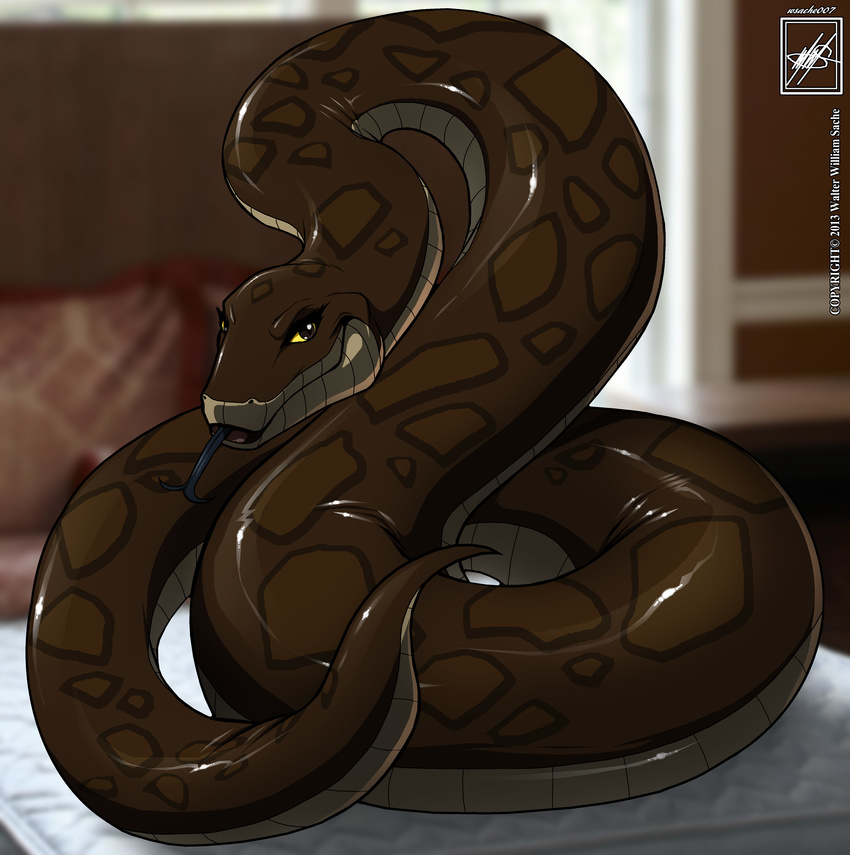 absurd_res ambiguous_gender bed big_lips black_lips brown brown_body feral hi_res lips lipstick looking_at_viewer reptile room scalie shiny smile snake solo walter_sache yellow_eyes