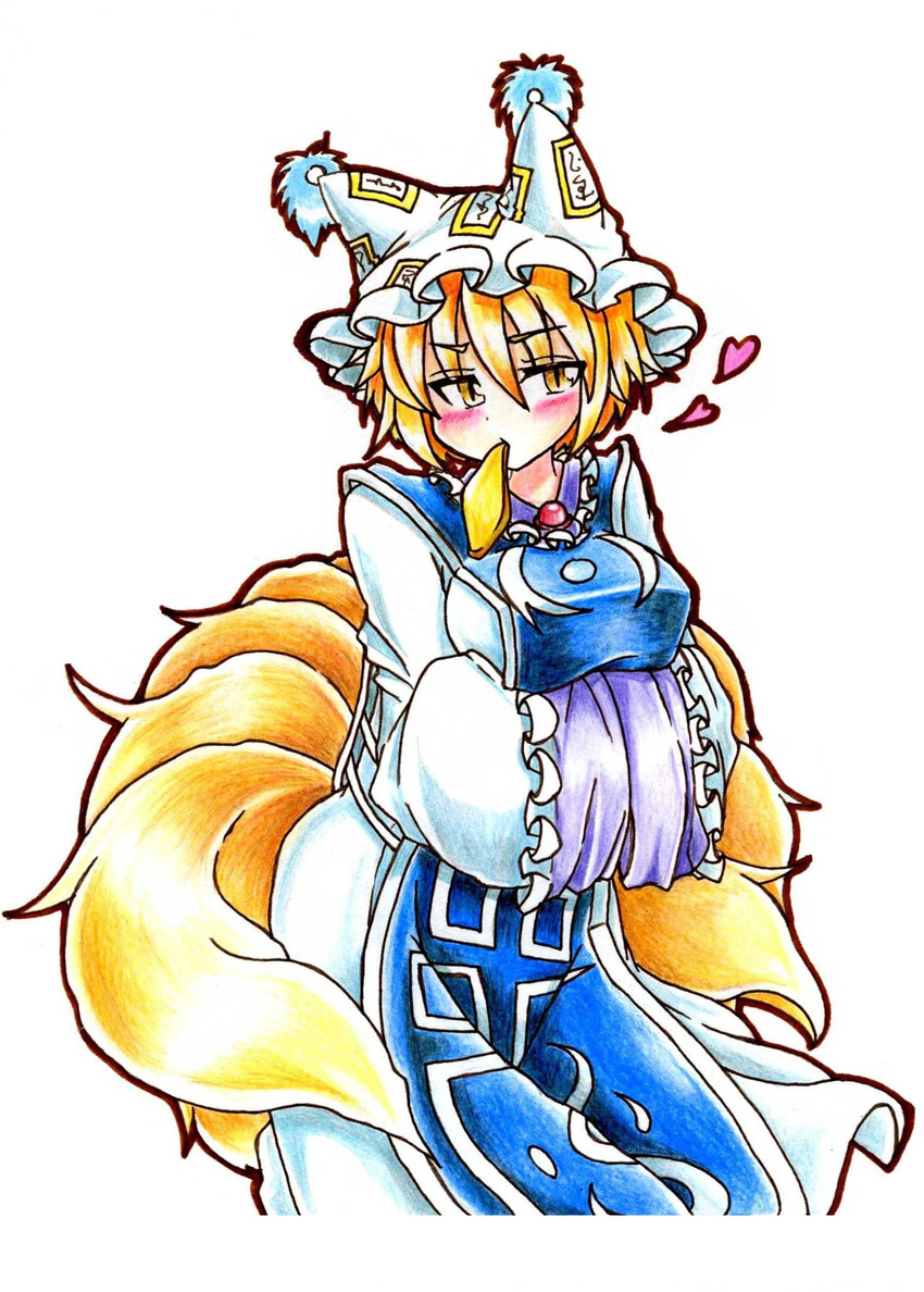 absurdres aburaage blonde_hair blush breasts food fox_tail gokuu_(acoloredpencil) hands_in_opposite_sleeves hat heart highres large_breasts long_sleeves mouth_hold multiple_tails short_hair slit_pupils solo tabard tail touhou traditional_media tsurime wide_sleeves yakumo_ran yellow_eyes