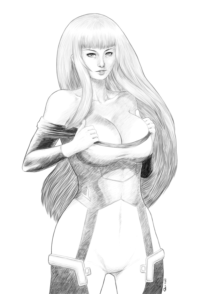 bangs bare_shoulders blunt_bangs bodysuit breasts cleavage greyscale highres ken_marinaris large_breasts lips long_hair monochrome undressing zone_of_the_enders