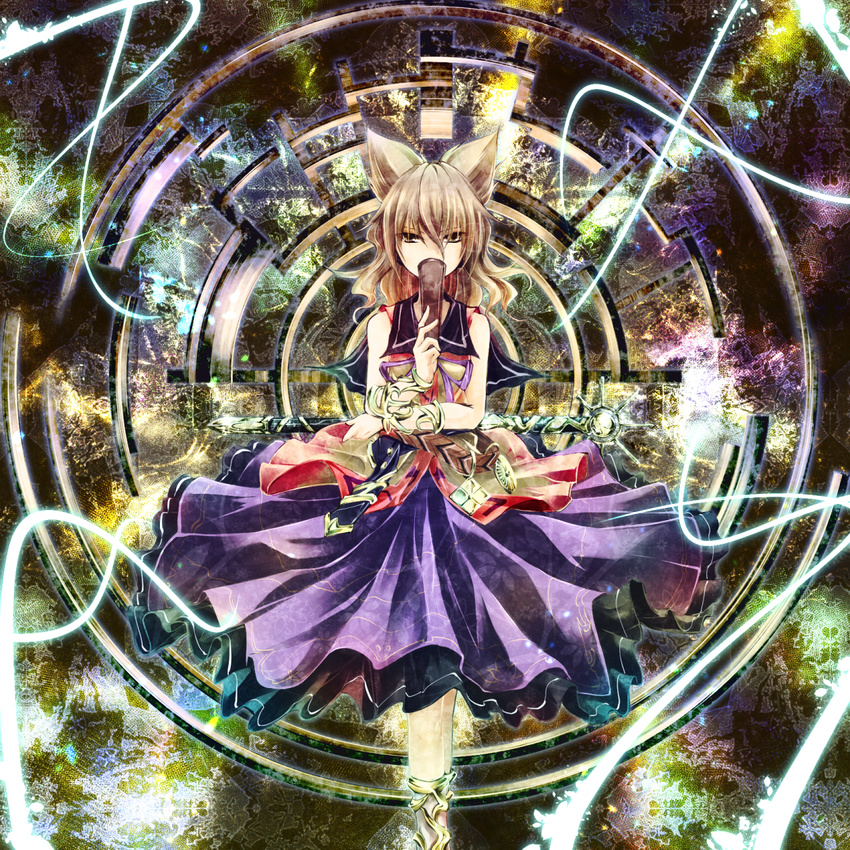 bare_shoulders belt blue_skirt bracelet brown_eyes brown_hair covering_mouth expressionless floating highres jewelry kakao_(noise-111) long_skirt looking_at_viewer ritual_baton shirt short_hair skirt sleeveless sleeveless_shirt solo sword touhou toyosatomimi_no_miko weapon