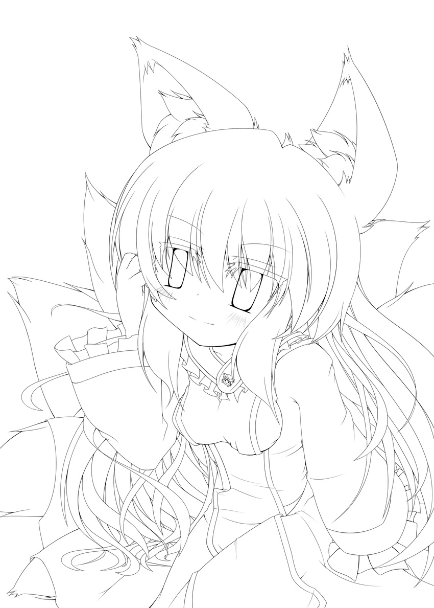 absurdres animal_ears chen fox_ears fox_tail greyscale highres impossible_clothes light_smile lineart long_hair monochrome multiple_tails no_hat no_headwear sakurano_asahi sitting solo tabard tail touhou yakumo_ran