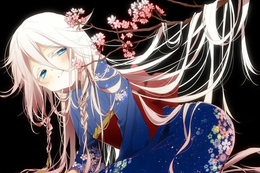 blue_eyes braids cherry_blossoms ia japanese_clothes kimono naoto_(tulip) vocaloid white_hair