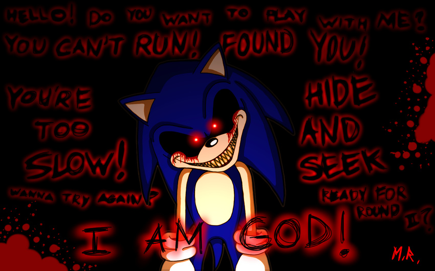 blood creepy creepypasta english_text evil_grin fur glowing glowing_eyes grin hedgehog hi_res looking_at_viewer male mammal nightmare_fuel red_eyes sega shadowninja976 smile solo sonic.exe sonic_(series) sonic_the_hedgehog teeth text