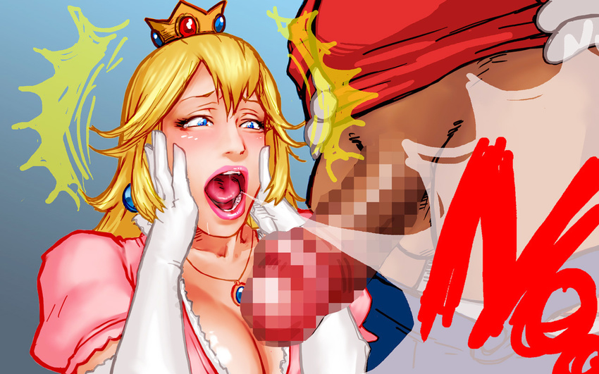 1girl blonde_hair blue_eyes censored crown earrings erection hetero imminent_rape jewelry mario mario_(series) mosaic_censoring necklace penis penis_awe princess_peach scared shouting super_mario_bros. take_(draghignazzo)