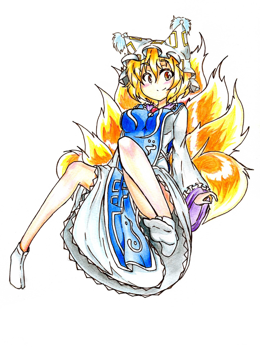 absurdres blonde_hair breasts dress fox_tail gokuu_(acoloredpencil) hat highres large_breasts long_sleeves looking_at_viewer multiple_tails outstretched_foot short_hair simple_background sitting smile solo spread_legs tabard tabi tail touhou traditional_media white_background wide_sleeves yakumo_ran yellow_eyes