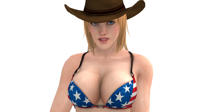 1girl 3d bikini blonde_hair blue_eyes breasts cowboy cowboy_hat dead_or_alive female hat highres large_breasts solo swimsuit tecmo tina_armstrong western white_background