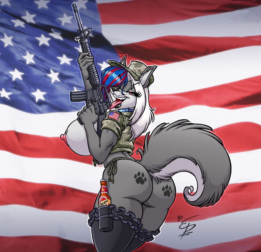 american_flag beer_holster big_breasts big_butt breasts butt eltonpot female flag gun huge_breasts m16 nipples purgy ranged_weapon thick_thighs thong weapon wide_hips