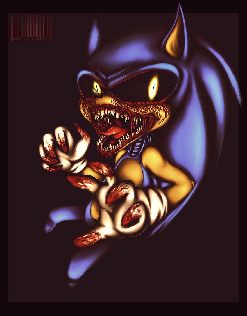 blood creepy creepypasta demon exposed_muscle godzillajapan hedgehog looking_at_viewer male mammal nightmare_fuel open_mouth sega solo sonic.exe sonic_(series) sonic_the_hedgehog teeth tongue torn_flesh yellow_eyes