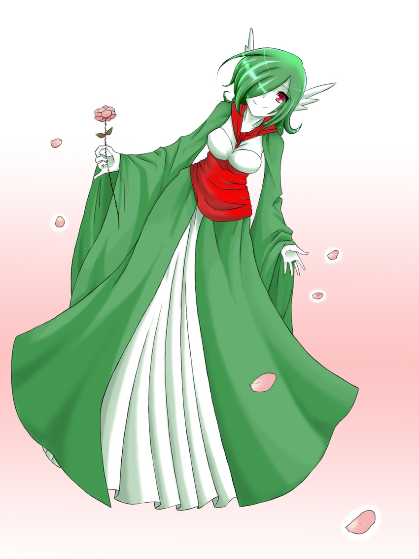 artist_request gardevoir gen_3_pokemon green_hair hair_over_one_eye highres personification pokemon red_eyes smile solo