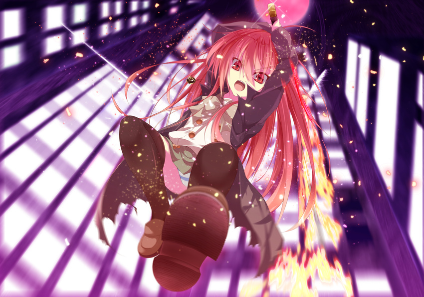 alastor_(shakugan_no_shana) highres jewelry long_hair nakadadaichi panties pantyshot pendant red_eyes red_hair school_uniform serafuku shakugan_no_shana shana sword thighhighs trench_coat underwear weapon