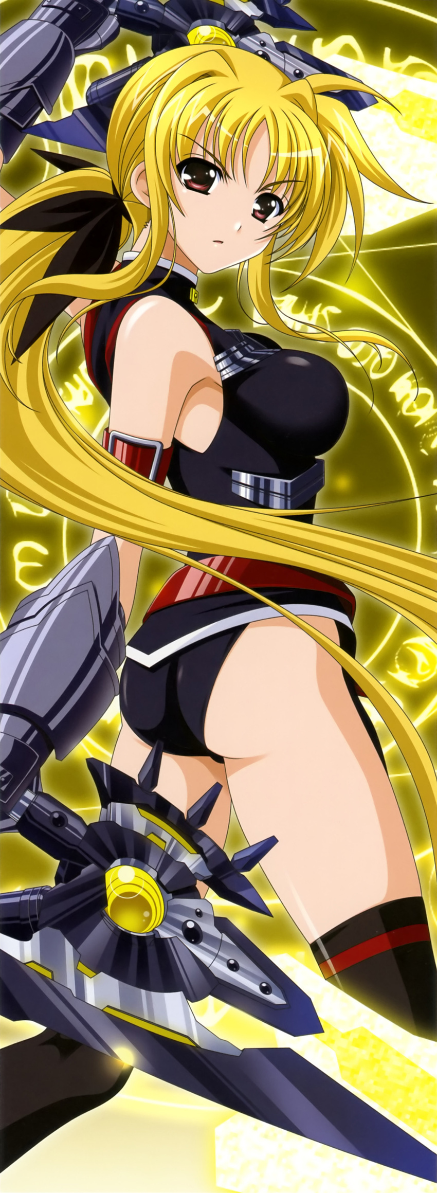 absurdres ahoge arm_strap arm_up armor ass axe bangs bardiche bare_shoulders belt black_legwear blonde_hair breasts buckle dual_wielding energy_weapon fate_testarossa floating_hair from_side gauntlets glowing hair_ribbon halterneck higa_yukari highres holding large_breasts legs_apart leotard long_hair long_image looking_at_viewer looking_back low_ponytail lyrical_nanoha magic_circle magical_girl mahou_senki_lyrical_nanoha_force official_art parted_lips polearm ponytail red_eyes ribbon runes scan serious sidelocks solo tall_image thigh_strap thighhighs turtleneck very_long_hair weapon