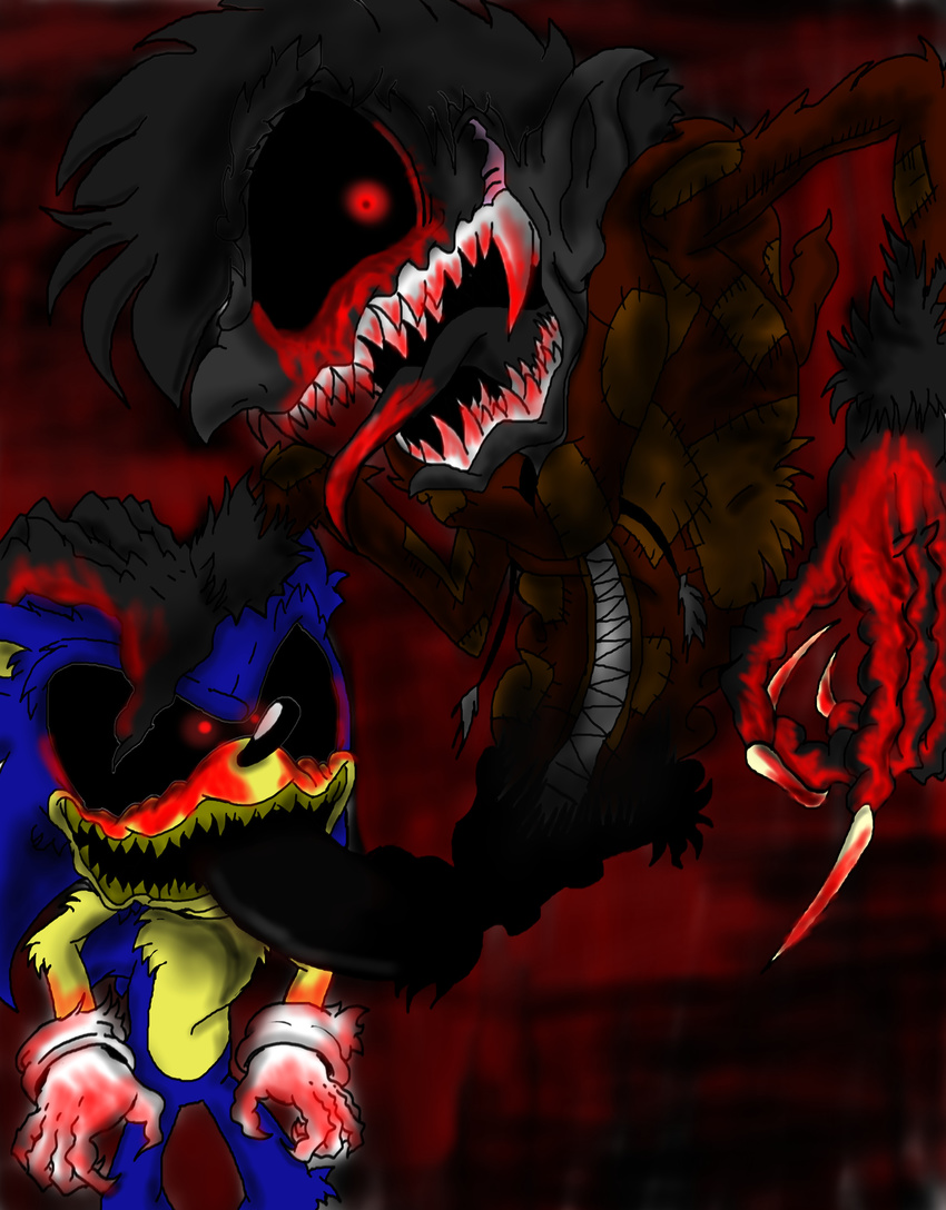 absurd_res anthro blood creepy demon evil_grin grin hedgehog hi_res looking_at_viewer male nightmare_fuel open_mouth projectyoshikrueger red_eyes sega smile sonic.exe sonic_(series) sonic_the_hedgehog teeth text