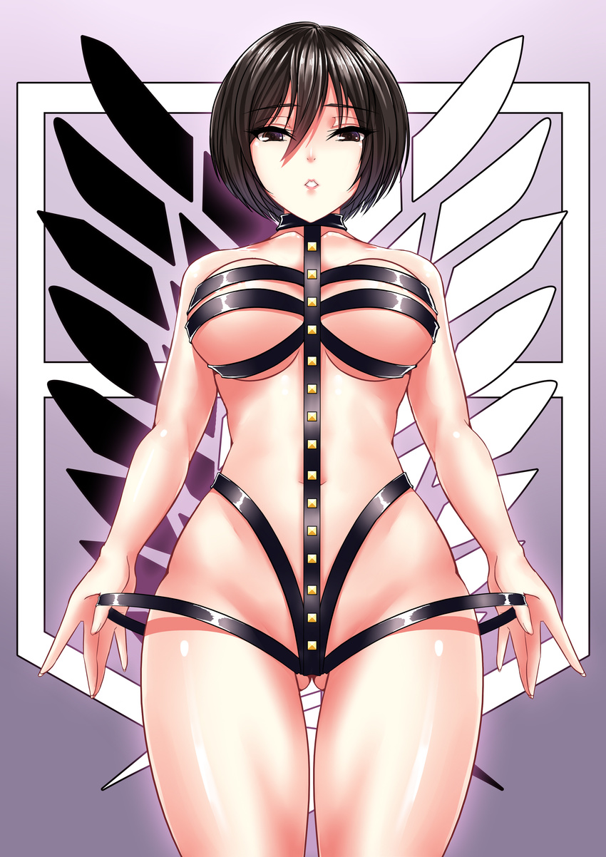 absurdres bad_id bad_pixiv_id black_eyes black_hair breasts emblem highres large_breasts mikasa_ackerman mizutsuki_rei parted_lips shibari shingeki_no_kyojin short_hair solo survey_corps_(emblem) three-dimensional_maneuver_gear