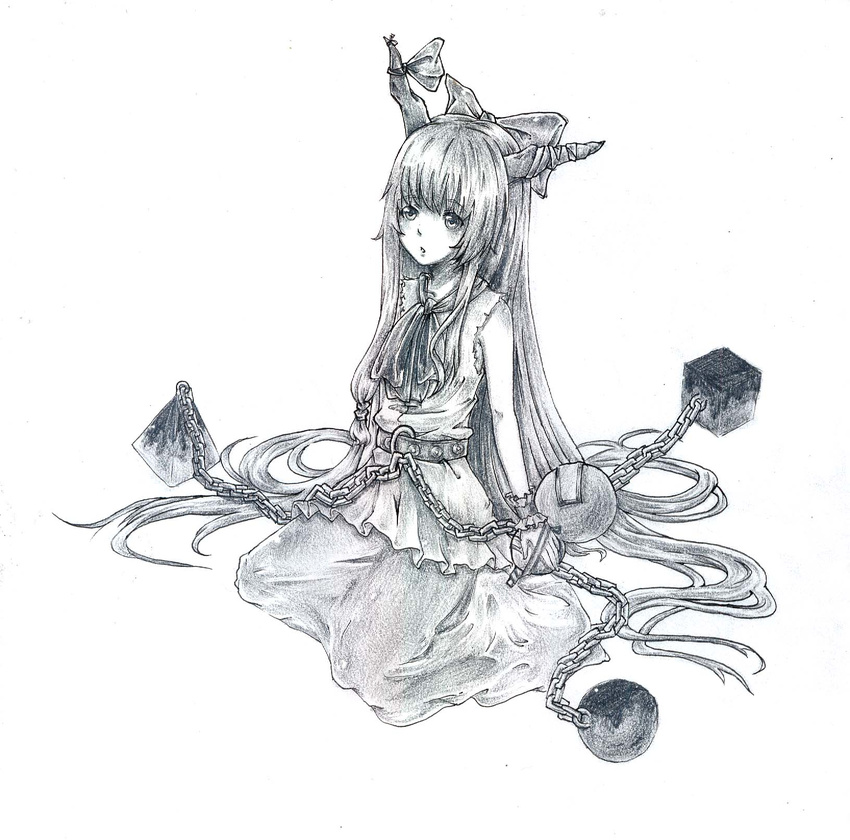 :o ascot bad_id bad_pixiv_id belt bow chain cube gourd graphite_(medium) hair_bow highres horn_ribbon horns ibuki_suika lineart long_hair looking_at_viewer nai_cang ribbon shirt sidelocks simple_background sitting skirt sleeveless sleeveless_shirt solo sphere tetrahedron touhou traditional_media very_long_hair wariza white_background wrist_cuffs